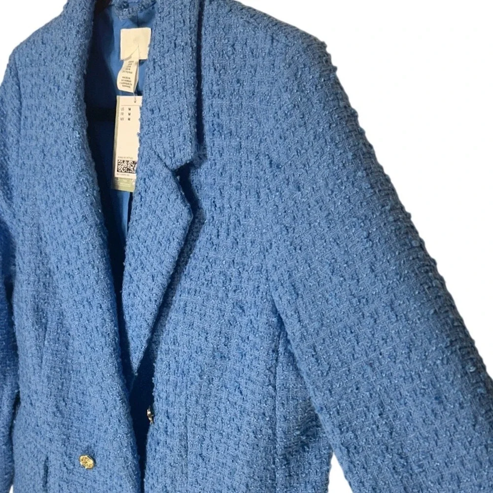 HM Blue Tweed Double Breasted Blazer‎ Gold Button Boucle Jacket Size M New